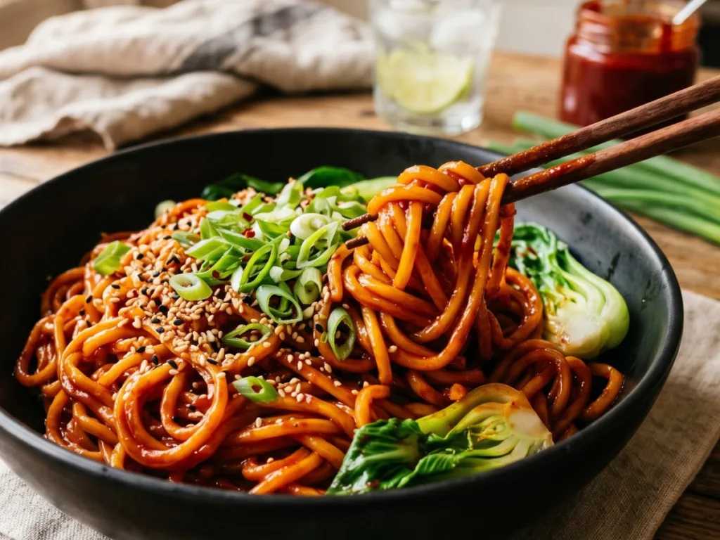 Twirling Gochujang Noodles on a fork showing the thick red sauce.
