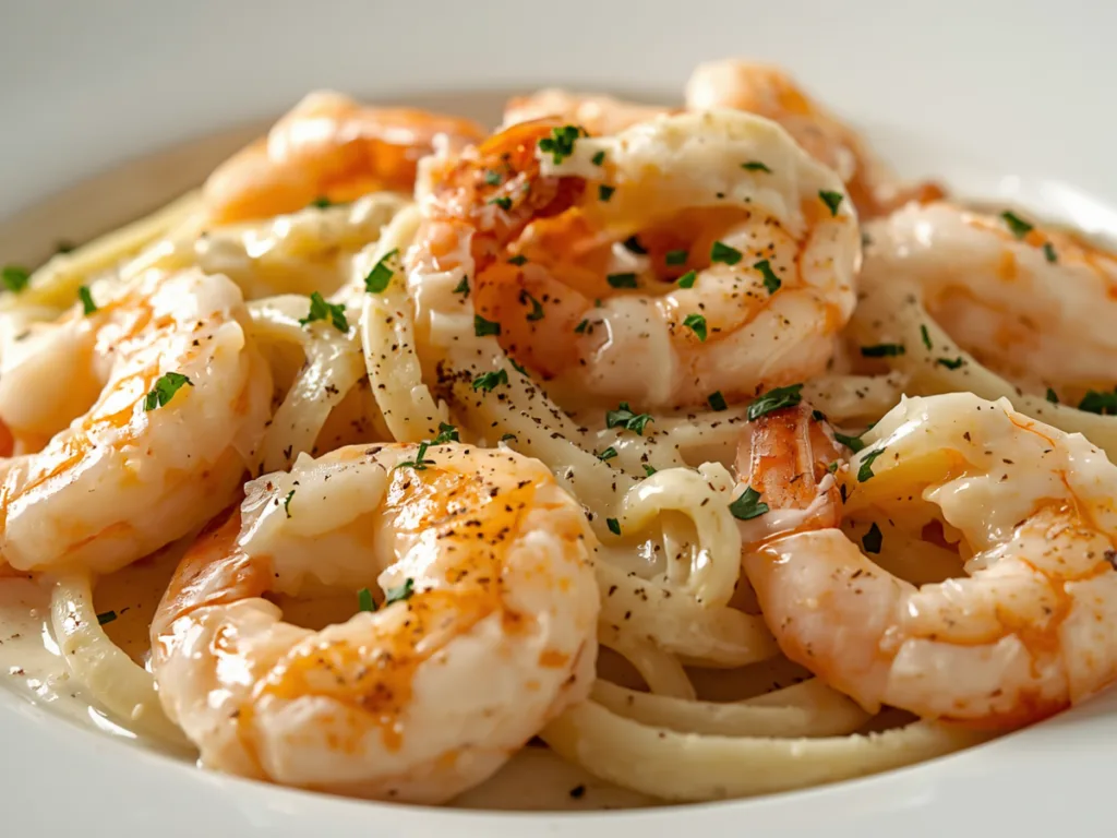 Skillet filled with bubbling garlic shrimp pasta and golden-brown seared seafood.