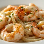Skillet filled with bubbling garlic shrimp pasta and golden-brown seared seafood.