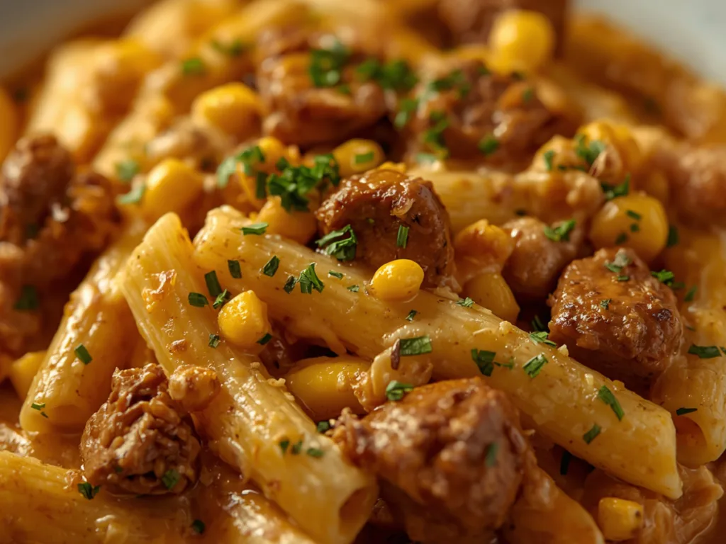 Homemade Creamy Steak Cheddar Alfredo Penne with Corn