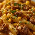 Homemade Creamy Steak Cheddar Alfredo Penne with Corn