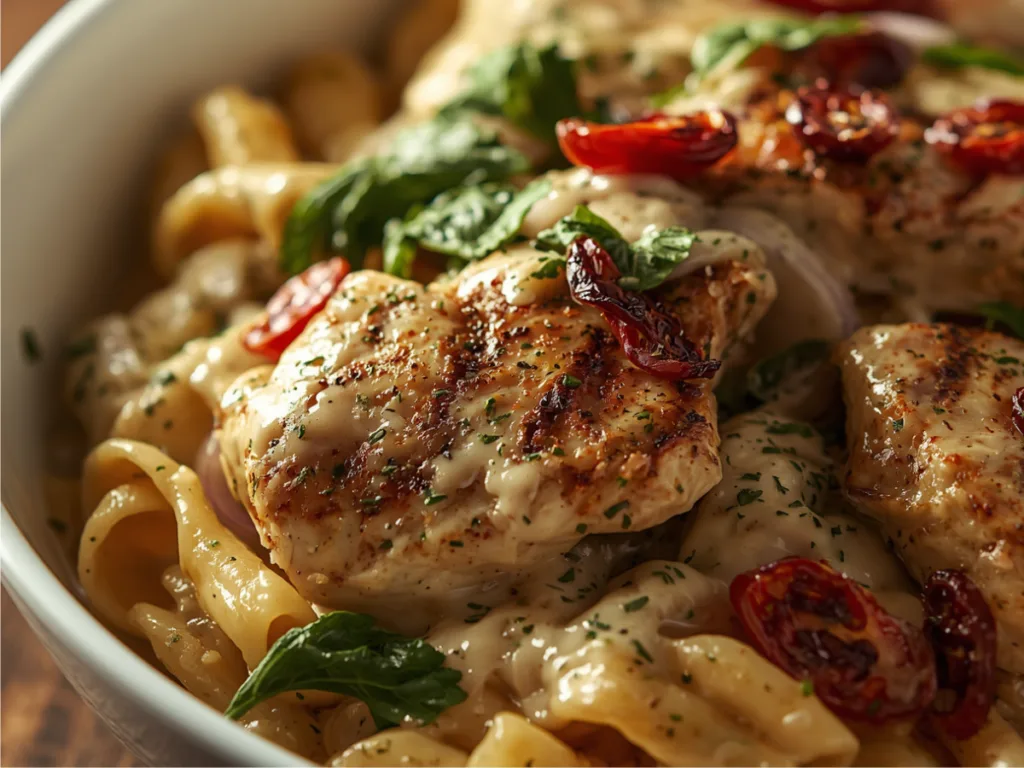 Slicing seared chicken breast to be added to Tuscan pasta.