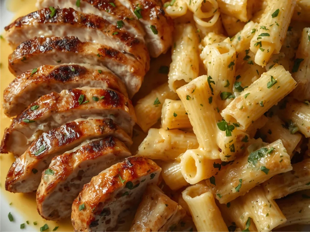 Skillet filled with garlic butter chicken and rigatoni garnished with parmesan.