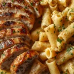 Skillet filled with garlic butter chicken and rigatoni garnished with parmesan.