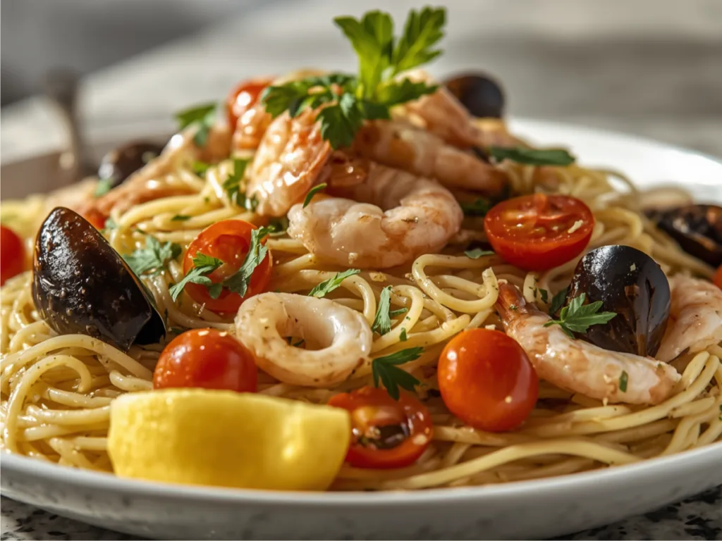 Raw ingredients for Garlic Seafood Spaghetti including fresh shrimp, garlic, and parsley.