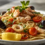 Raw ingredients for Garlic Seafood Spaghetti including fresh shrimp, garlic, and parsley.