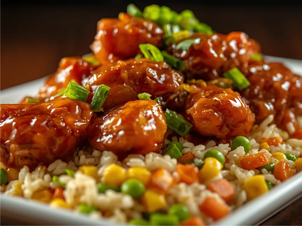 Homemade One-pan Sticky Honey Chicken Fried Rice ready for dinner