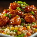 Homemade One-pan Sticky Honey Chicken Fried Rice ready for dinner