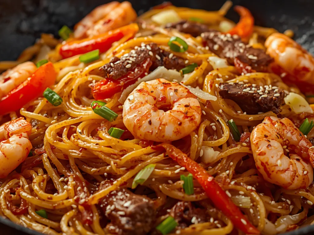 A bowl of Steak and Shrimp Lo Mein served with chopsticks.