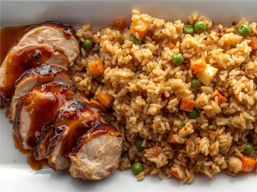 Glass meal prep containers neatly packed with portions of homemade teriyaki chicken fried rice and fresh steamed broccoli on the side.