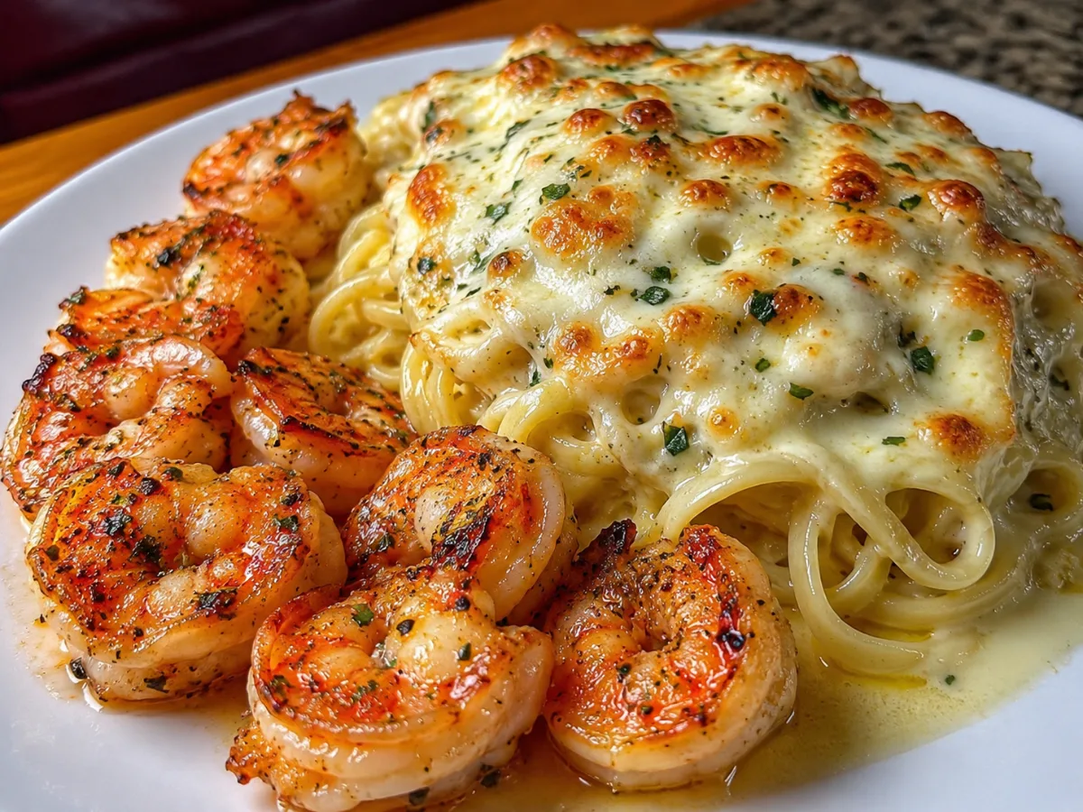 Delicious Garlic Butter Shrimp Alfredo Melt in a baking dish