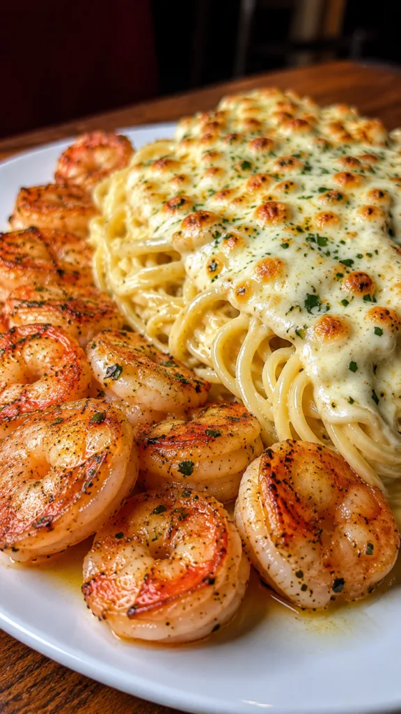 Creamy Garlic Butter Shrimp Alfredo pasta bake