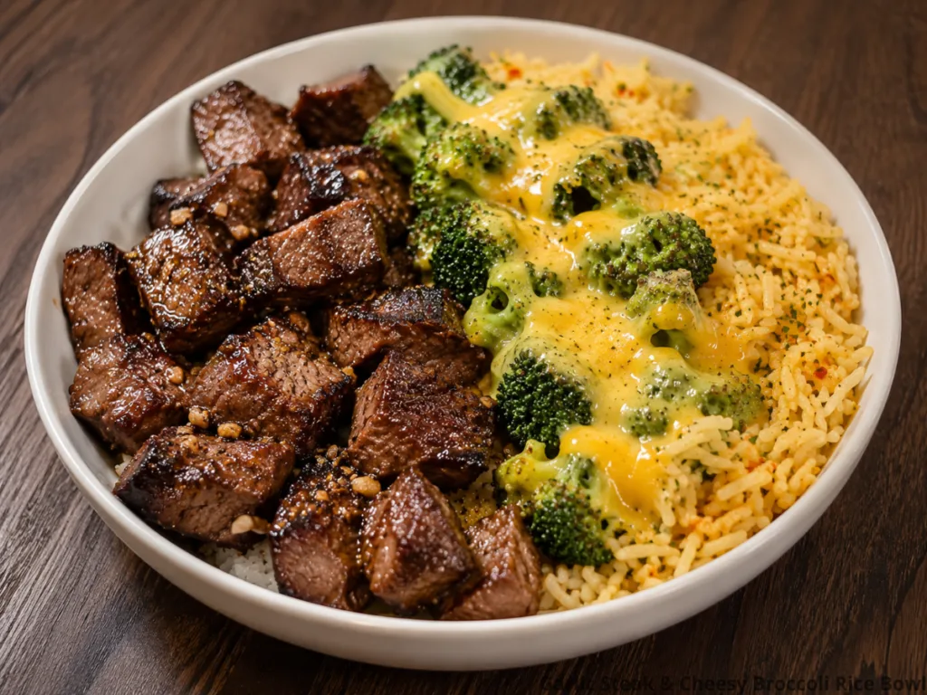 Bowl of garlic steak with cheesy
