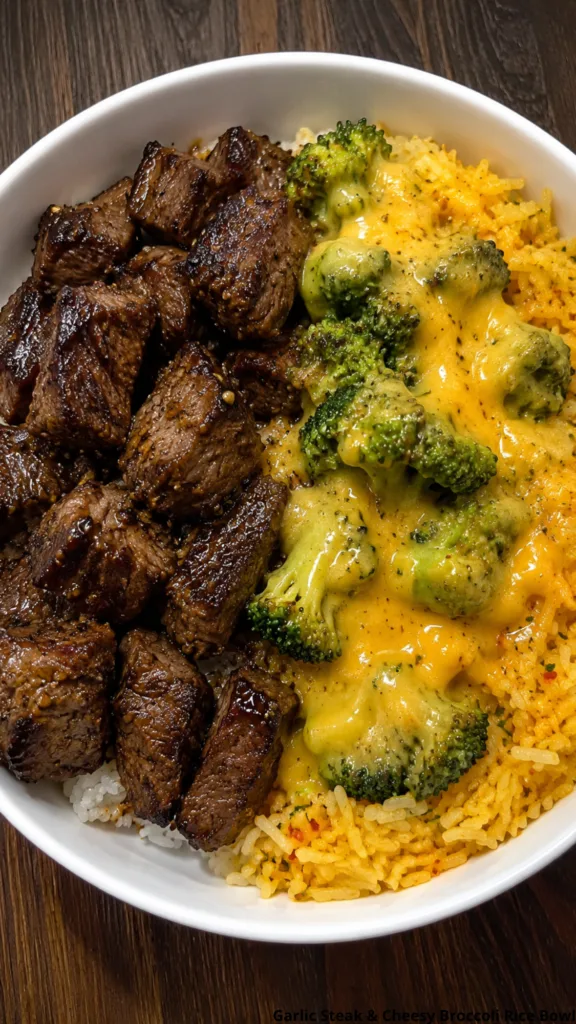 Garlic Steak and Cheesy Broccoli Rice Bowl on wooden table