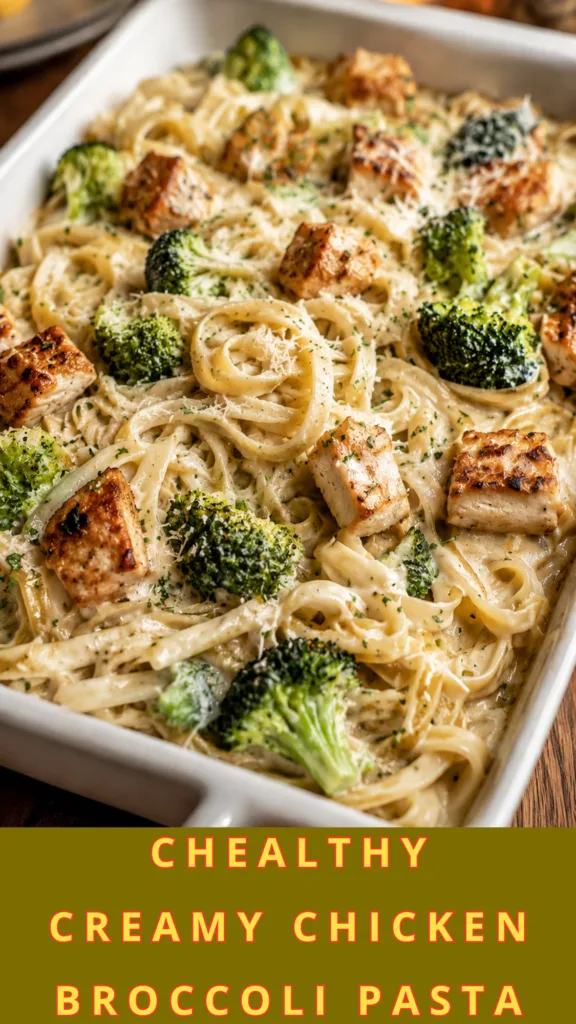 Creamy Chicken Broccoli Pasta in a white bowl with fresh parsley