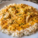 A bowl of Homemade Creamy Smothered Cajun Chicken and Cheesy Rice.