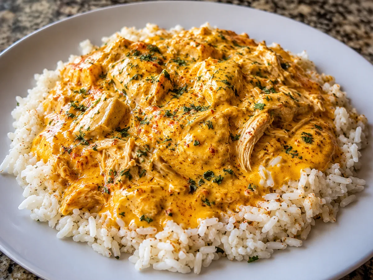A bowl of Homemade Creamy Smothered Cajun Chicken and Cheesy Rice.