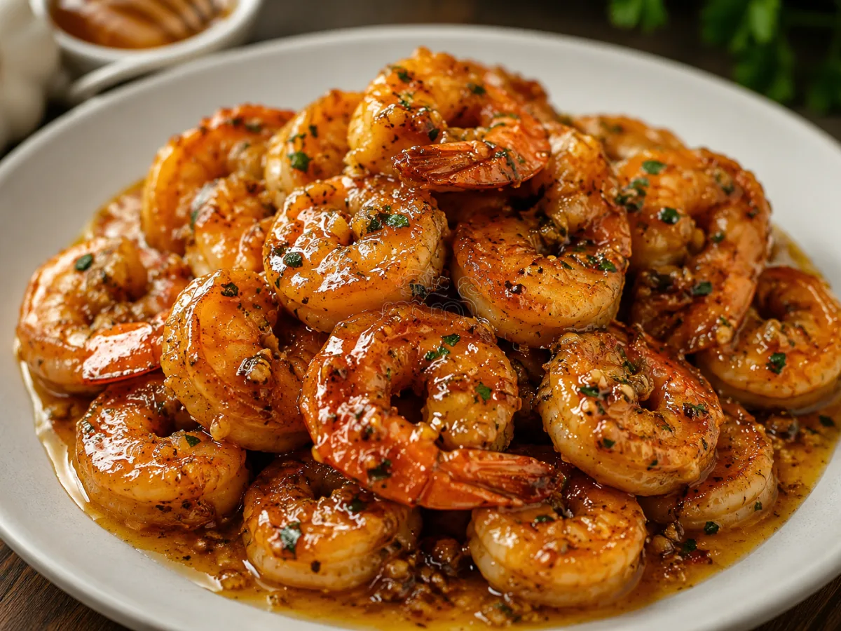 Honey Garlic Butter Shrimp in a skillet.