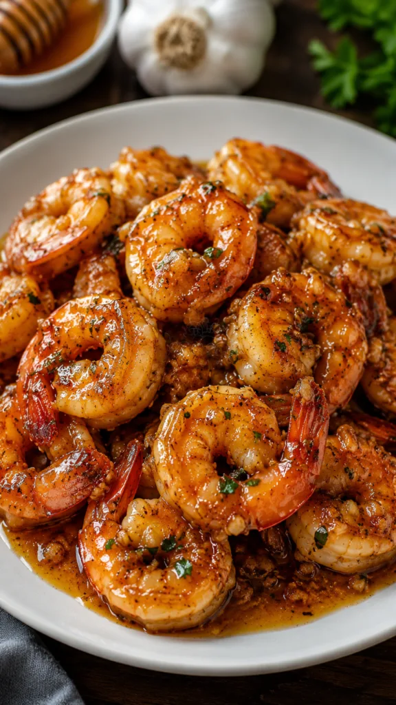 Plate of Honey Garlic Butter Shrimp with rice.