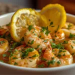 A close-up view of a Lemon Garlic Butter Shrimp Bowl served with fresh lemon slices and parsley.