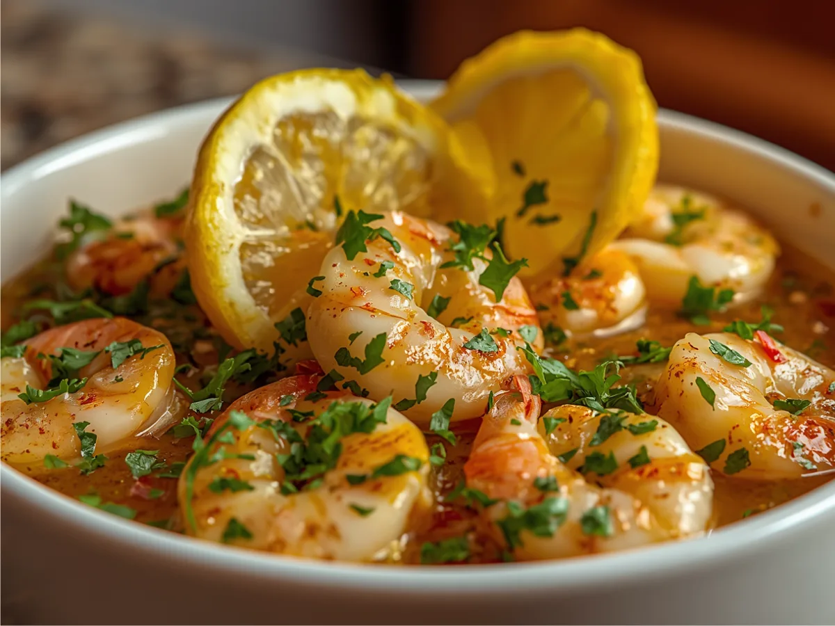 A close-up view of a Lemon Garlic Butter Shrimp Bowl served with fresh lemon slices and parsley.