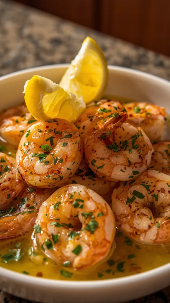 Top-down view of a Lemon Garlic Butter Shrimp Bowl served over rice.