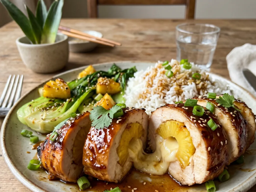 Close-up of sliced Pineapple & Mozzarella Stuffed Chicken with Sweet Teriyaki Glaze showing melted cheese.