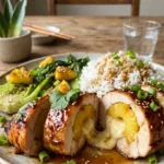 Close-up of sliced Pineapple & Mozzarella Stuffed Chicken with Sweet Teriyaki Glaze showing melted cheese.