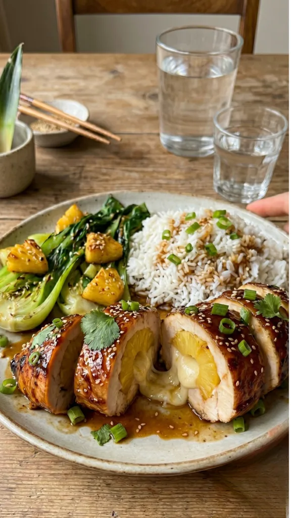 Oven-safe skillet with four pieces of Pineapple & Mozzarella Stuffed Chicken with Sweet Teriyaki Glaze.