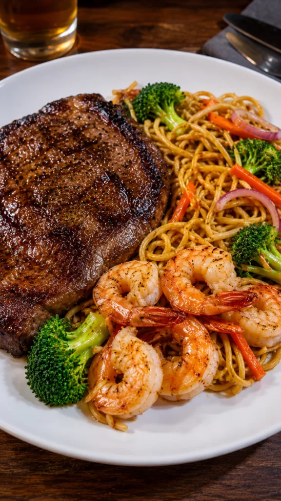 Ribeye steak and shrimp stir-fry with chow mein noodles on a dark plate.