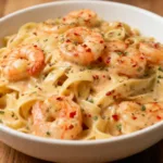 A plate of Spicy Creamy Shrimp Fettuccine with cajun spices