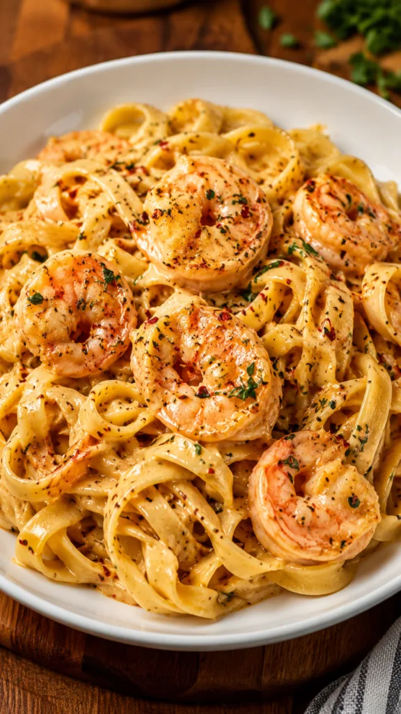 Close up of Spicy Creamy Shrimp Fettuccine in a white bowl