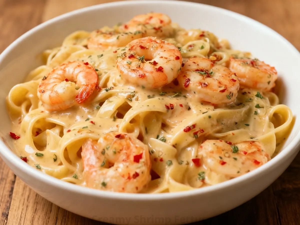 A plate of Spicy Creamy Shrimp Fettuccine with cajun spices