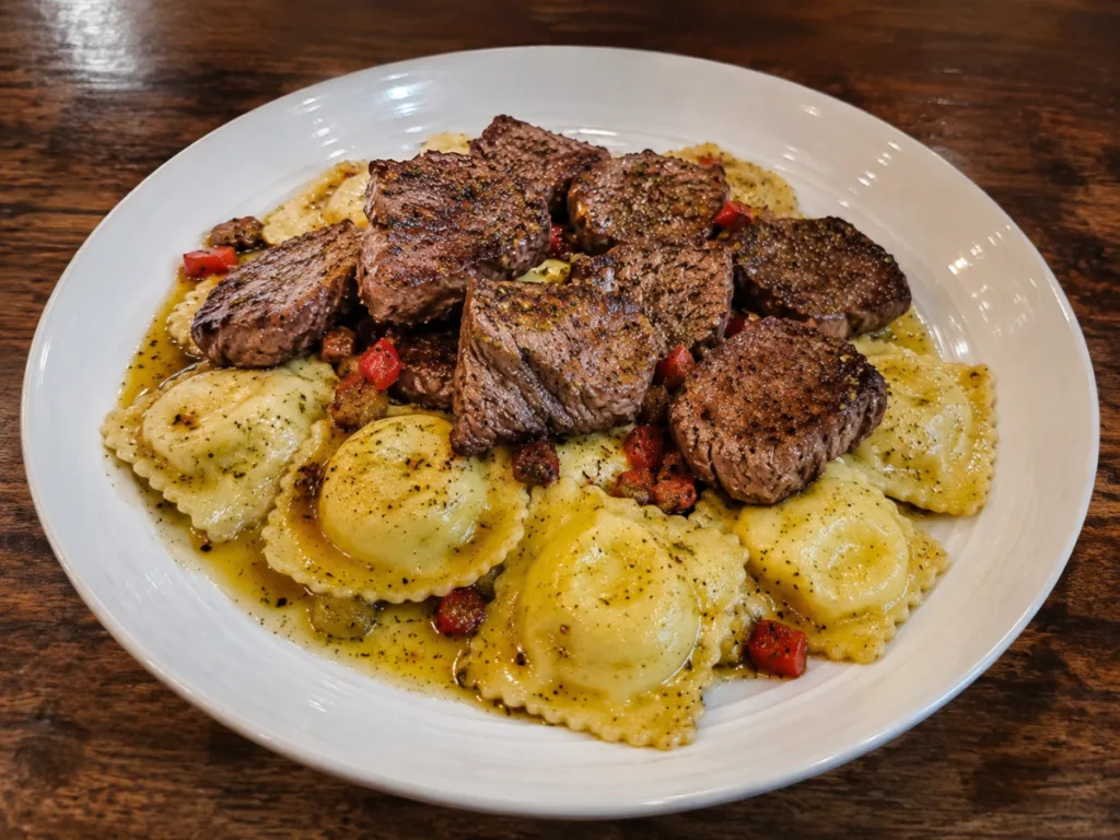 Delicious Steak Cuts and Cheese Ravioli in garlic butter sauce.