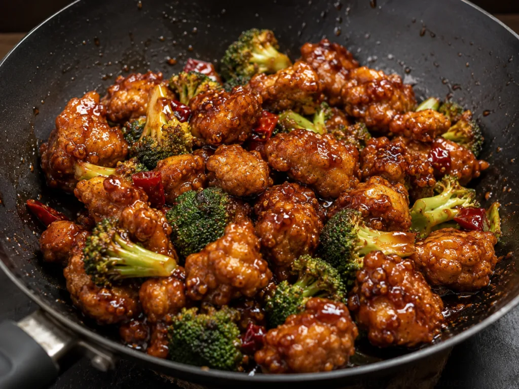 A plate of sticky chicken broccoli stir fry