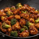 A plate of sticky chicken broccoli stir fry