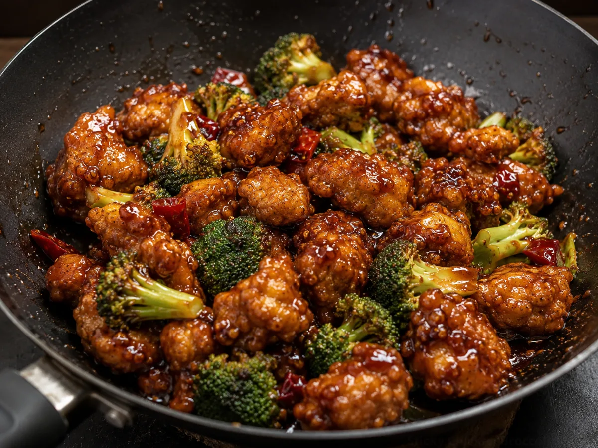 A plate of sticky chicken broccoli stir fry