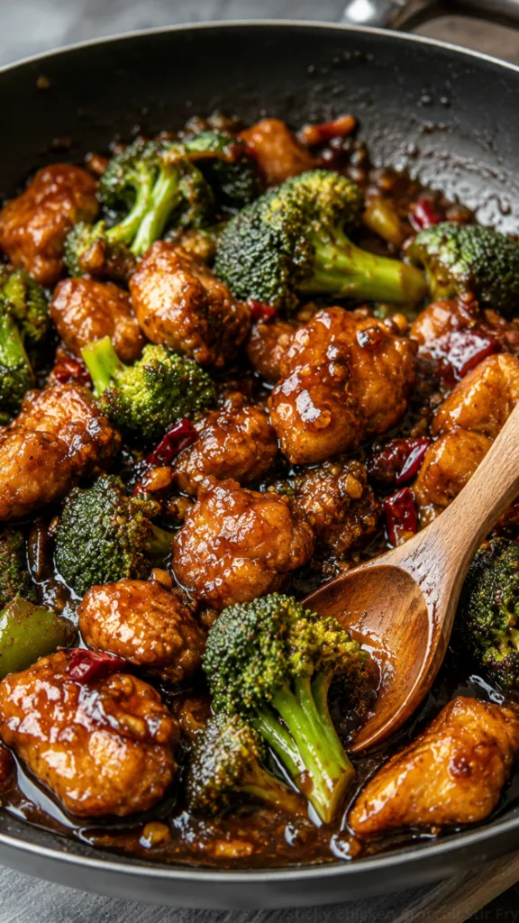 Close-up of sticky chicken and broccoli