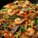 A bowl of Surf & Turf Garlic Lo Mein with steak and shrimp