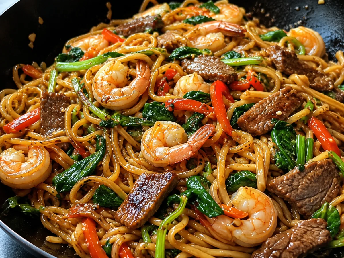 A bowl of Surf & Turf Garlic Lo Mein with steak and shrimp