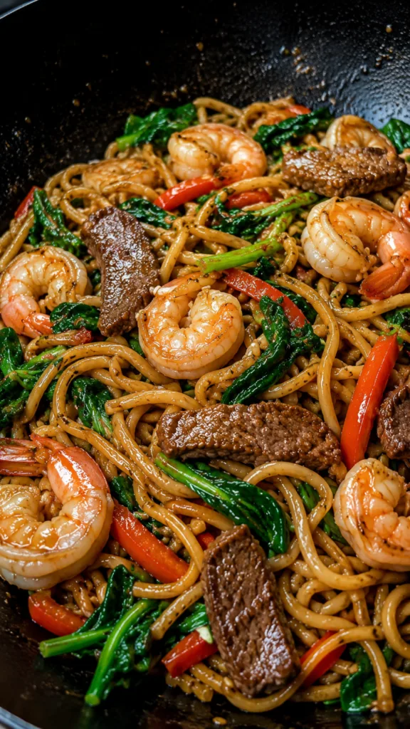 Close-up of noodles with seared steak and shrimp