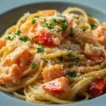 Close-up of Creamy Lobster Spaghetti Alfredo with fresh parsley in a white bowl.