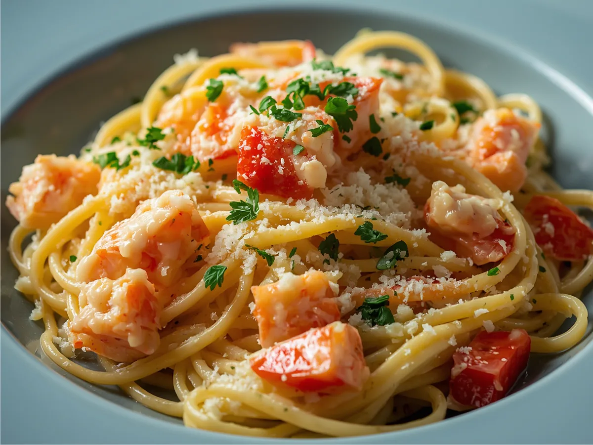 Close-up of Creamy Lobster Spaghetti Alfredo with fresh parsley in a white bowl.