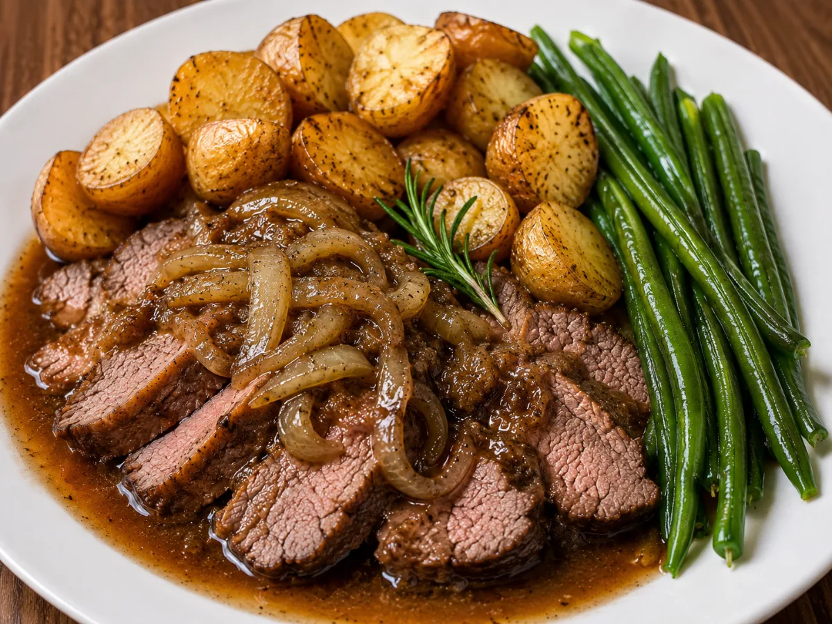 Tender sliced beef served with roasted baby potatoes, caramelized onions, and fresh green beans