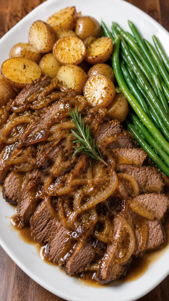 Tender sliced beef served with roasted baby potatoes, caramelized onions, and fresh green beans(1)