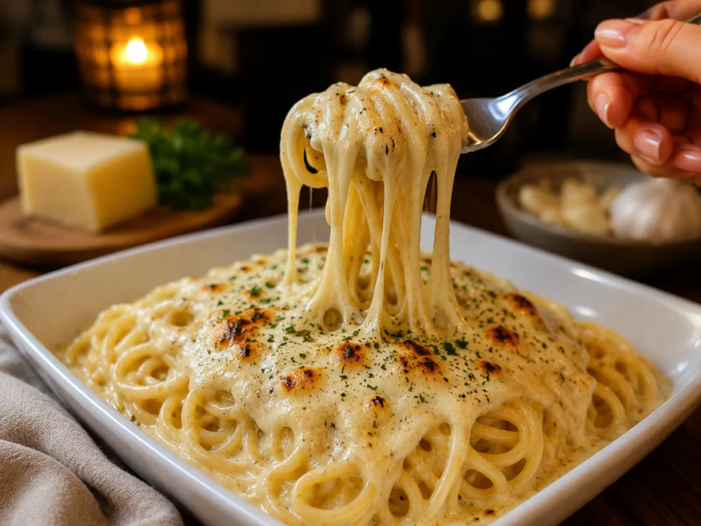 A white bowl filled with Creamy Mozzarella Garlic Butter Linguine, garnished with freshly chopped parsley and a sprinkle of black pepper.