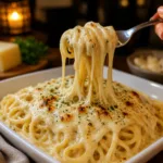 A white bowl filled with Creamy Mozzarella Garlic Butter Linguine, garnished with freshly chopped parsley and a sprinkle of black pepper.
