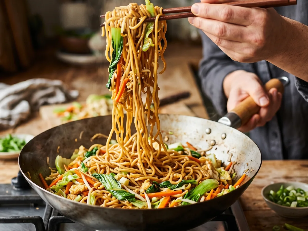 A close-up shot of a plate of stir-fried noodles with visible sliced carrots, shredded cabbage, bok choy, and scrambled egg, garnished with green onions and sesame seeds.