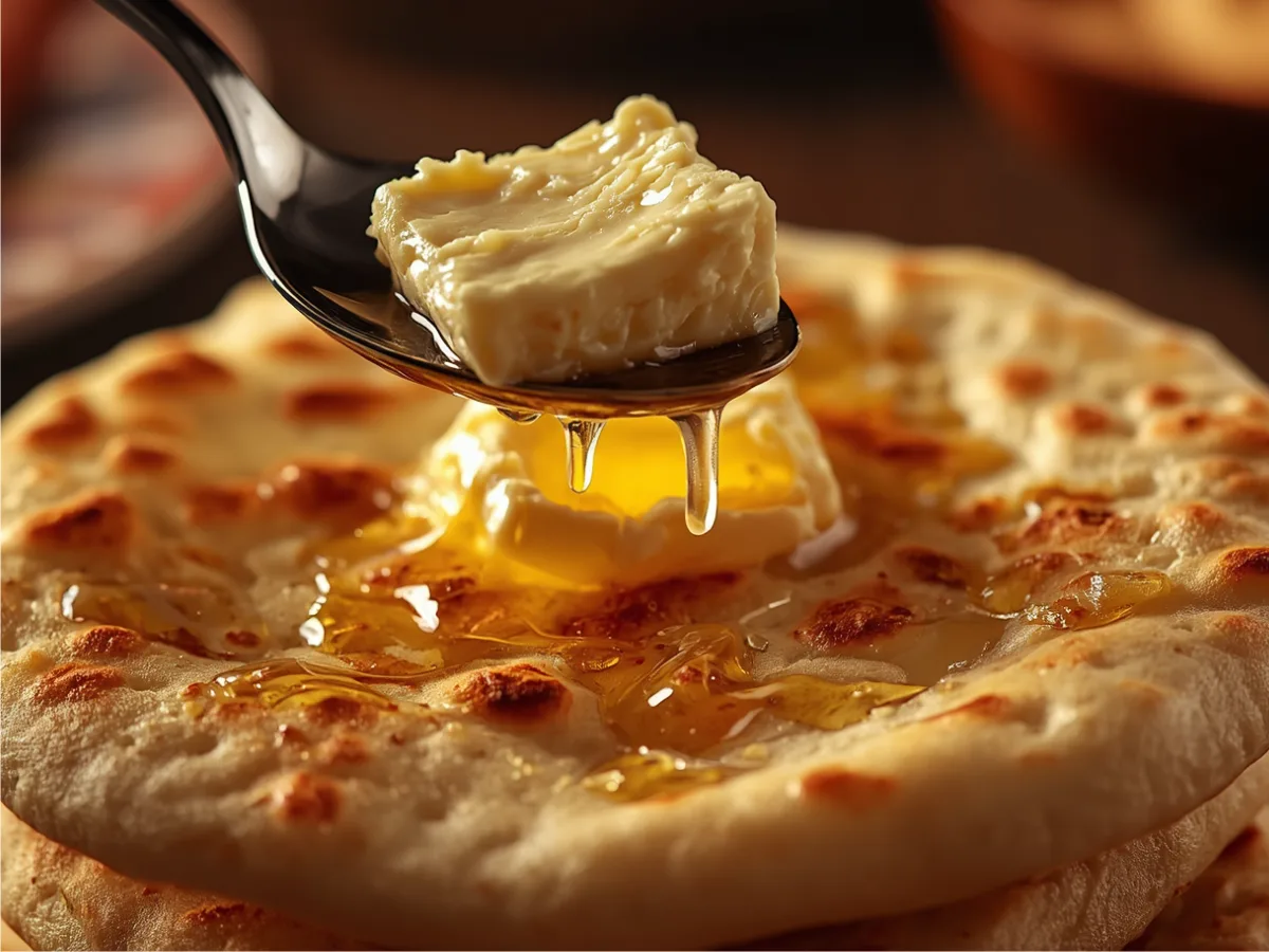 A stack of soft homemade Mexican flour tortillas drizzled with warm melted butter on a wooden board.
