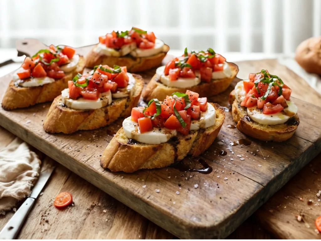 Close-up of Mozzarella Bruschetta with Tomato and Basil on a wooden board.